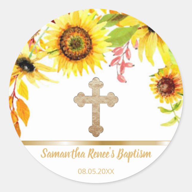 Sweet Floral Gold Cross Baby Taufe Gefallen Runder Aufkleber (Vorderseite)