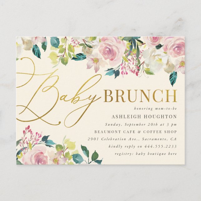 Sweet Floral Gold Script Baby Brunch Einladungspostkarte (Vorderseite)