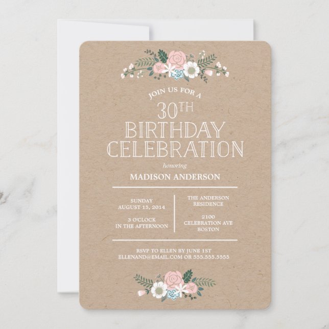 Sweet Floral Kraft | Invitation de fête d'annivers (Devant)