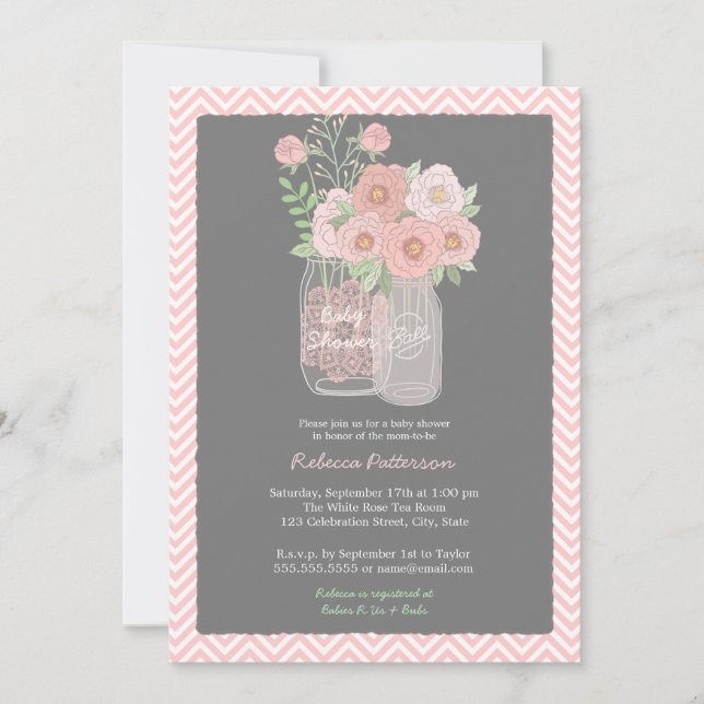 Sweet Floral Mason Jar Pink Baby Dusche Einladung (Vorderseite)