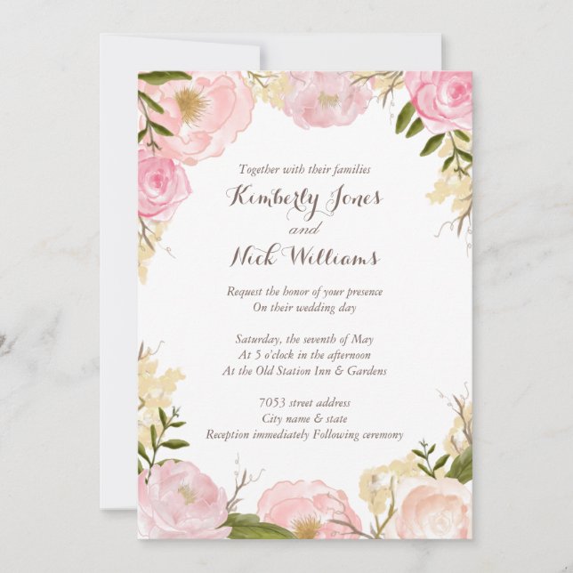 Sweet Floral Rose Wreath Wedding Einladung (Vorderseite)
