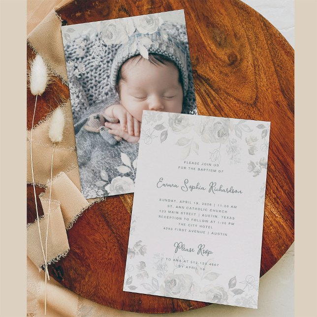 Sweet Floral Sketch | Taufe mit Foto Back Einladung (A sweet, neutral Baptism invitation with elegant sketched flowers with a photo back)