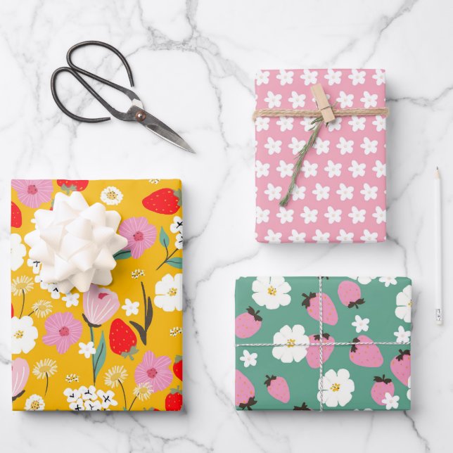 Sweet Floral Strawberry Dream Geschenkpapier Set (Vorderseite)
