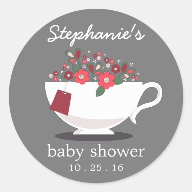 Sweet Floral Teacup Tee Party Babydusche Runder Aufkleber (Vorderseite)