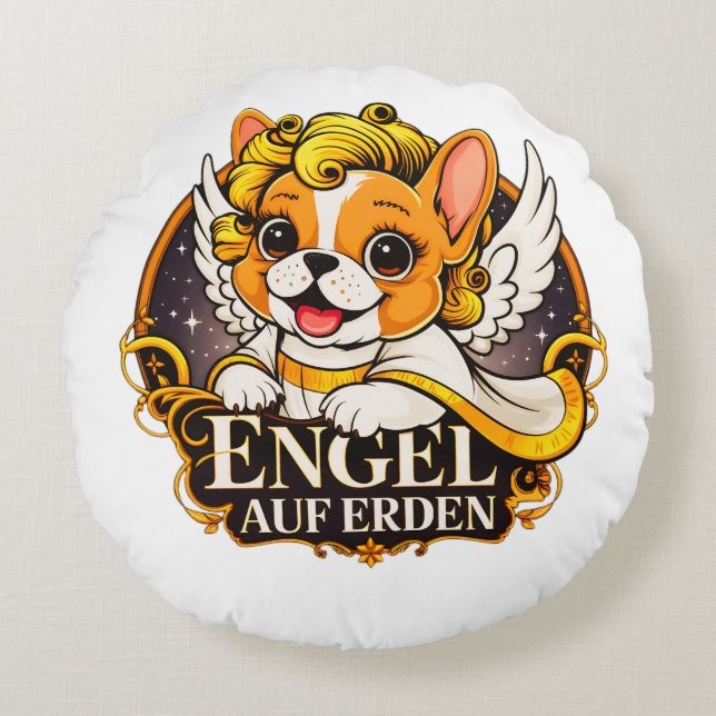 Sweet Frenchie Puppy als Christ Child Rundes Kissen (Vorderseite)