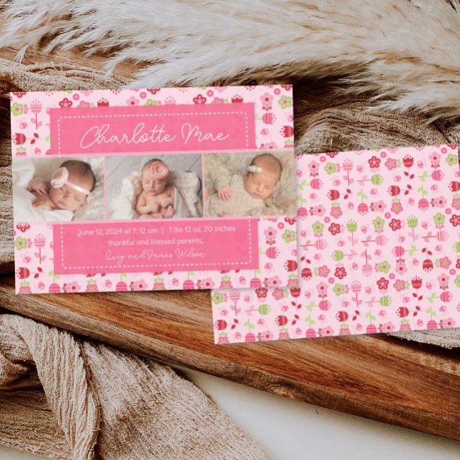 Sweet Garden rose bébé fille Faire-part (birth announcement, baby announcement, birth announcement template, custom girl birth announcement)