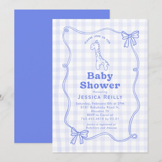 Sweet Giraffe Plaid Bow Elegant Baby Shower Einladung (Vorne/Hinten)