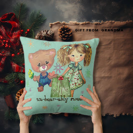 Sweet Girl and Teddy Bear Aquamarin Kissen