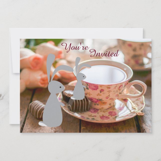Sweet Girl Bunny Tea Cup Kinderdusche Einladung (Vorderseite)