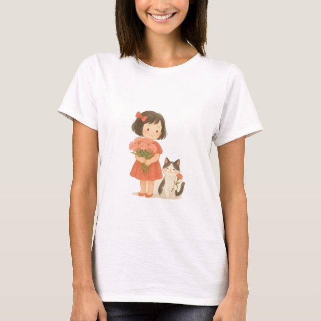 Sweet Girl mit Nelken und lächelnde Katze T-Shirt (Vorderseite)