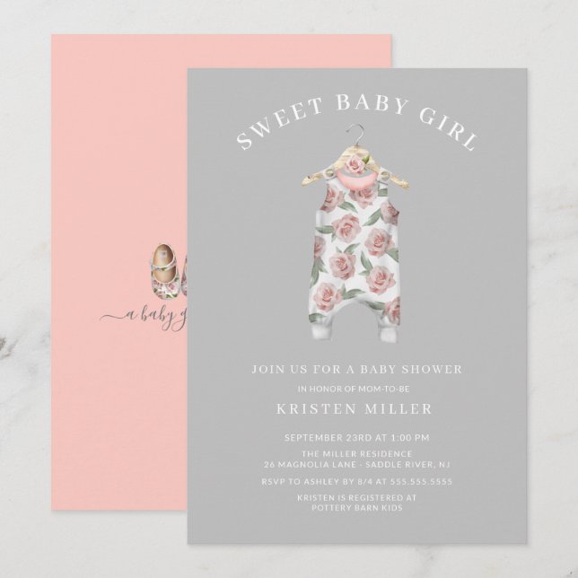 Sweet Girl Rose Romper Baby Dusche Einladung (Vorne/Hinten)