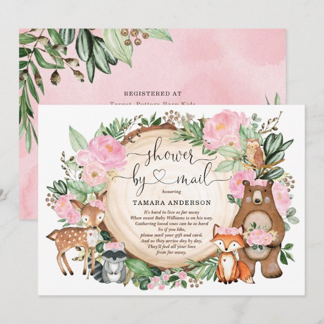 Sweet Girl Woodland Animals Baby-Dusche per Mail Einladung (Vorne/Hinten)