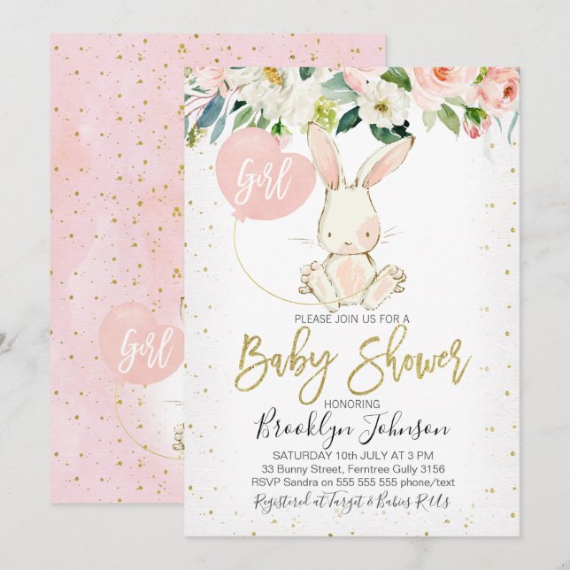 Sweet Girl's Floral Bunny Baby Einladung (Vorne/Hinten)