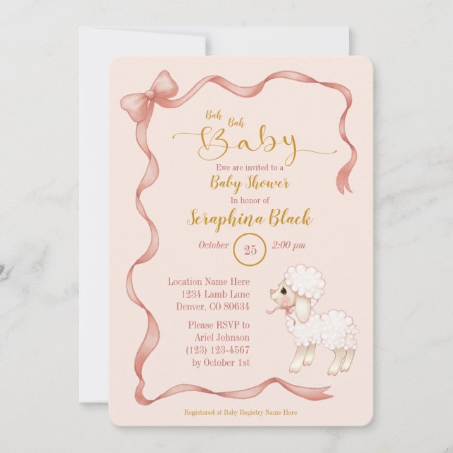 Sweet Girly Pink Bow Lamb Baby Dusche Einladung (Vorderseite)