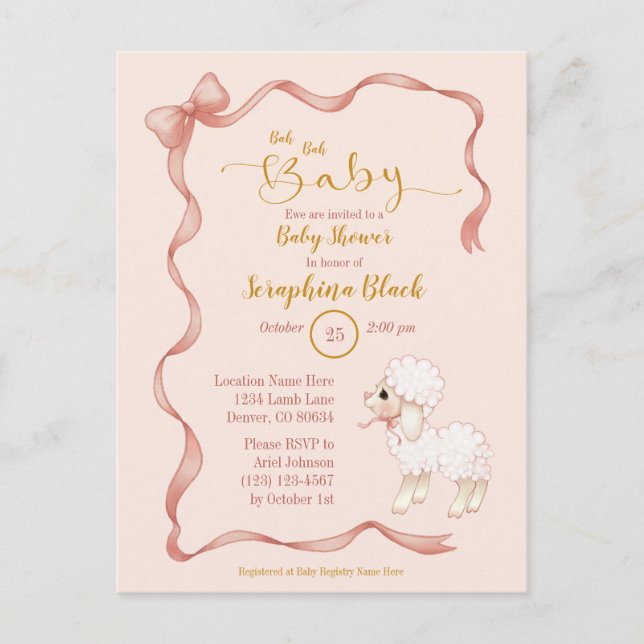 Sweet Girly Pink Bow Lamb Baby Dusche Einladungspostkarte (Vorderseite)
