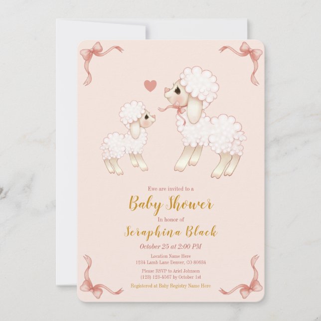 Sweet Girly Pink Lamb Baby Dusche Einladung (Vorderseite)