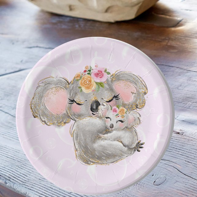 Sweet Girly Watercolor Koala Pink Babydusche Pappteller (Von Creator hochgeladen)
