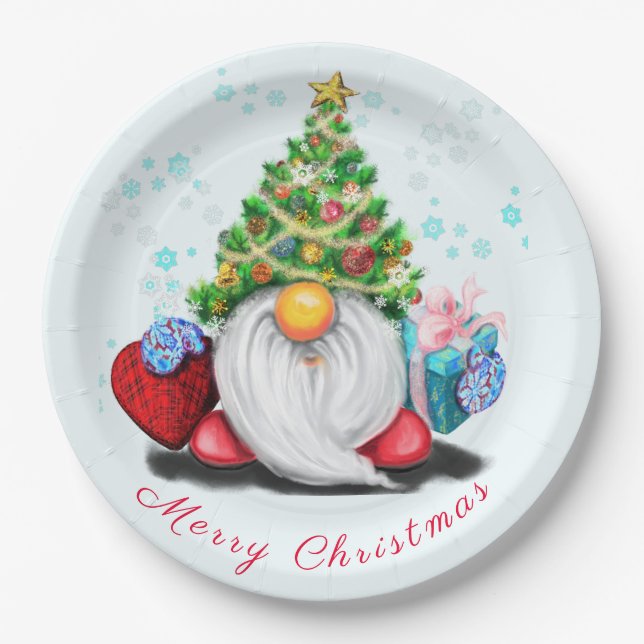 Sweet Gnome mit Weihnachtsbaumhut und Geschenk Pappteller (Vorderseite)