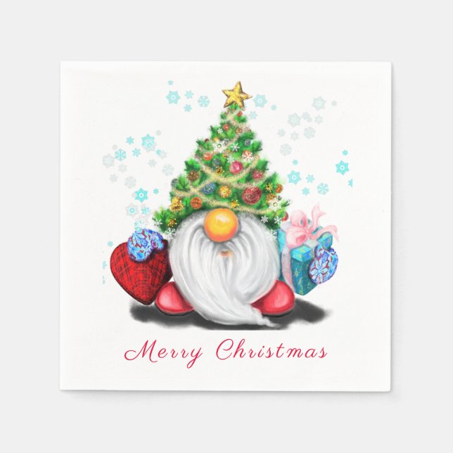 Sweet Gnome mit Weihnachtsbaumhut und Geschenken Serviette (Vorderseite)