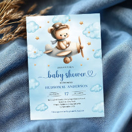 Sweet gold airplane bear theme boy baby shower  einladung