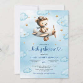 Sweet gold airplane bear theme boy baby shower  einladung