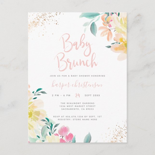 Sweet Gold Blush Pink Blütendusche Brunch Einladungspostkarte (Vorderseite)