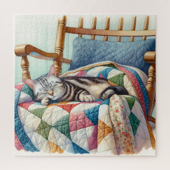 Sweet Gray Cat Sleeping on a Quilt (Vertikal)