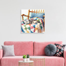 Sweet Gray Cat Sleeping on a Quilt Leinwanddruck