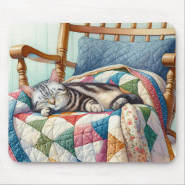 Sweet Gray Cat Sleeping on a Quilt Mousepad
