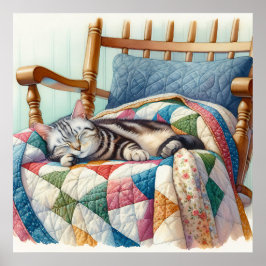Sweet Gray Cat Sleeping on a Quilt Poster