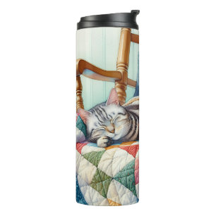 Sweet Gray Cat Sleeping on a Quilt Thermosbecher