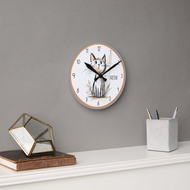 Sweet Gray & Orange Cat Illustration Runde Wanduhr (Büro)