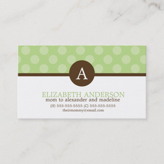 Sweet Green Polka Dots und Monogram Telefonnummerkarte (Vorderseite)