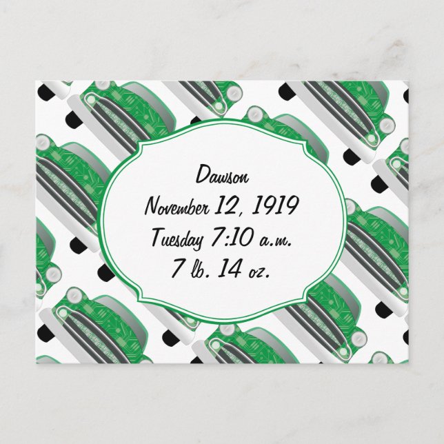 Sweet Green Retro Car Baby Dusche Geschenke Einladungspostkarte (Vorderseite)