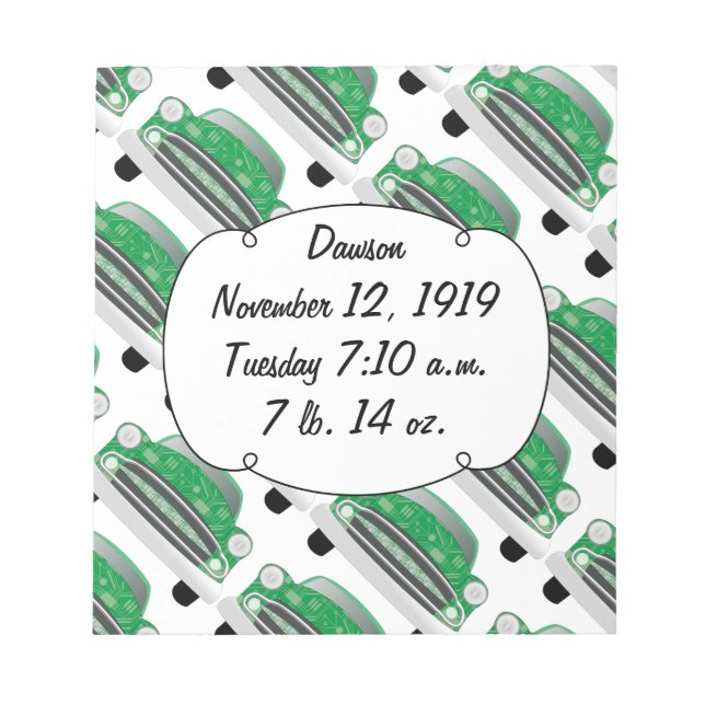 Sweet Green Retro Car Baby Dusche Geschenke Notizblock (Vorderseite)