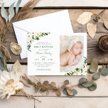 Sweet Greenery Floral Baby Girl Foto Taufe Einladung<br><div class="desc">Erschwingliche, individuell bedruckte Baby-Taufen-Einladungen personalisiert mit Ihren Veranstaltungsdetails und Foto. Dieses hübsche botanische Design besticht durch einen Aquarellrahmen aus grünen Blätter und Elfenbein-Rose. Verwenden Sie die Designtools, um den Text anzupassen, bearbeiten Sie die Schriftart und Farben oder fügen Sie Ihre eigenen Fotos zu einer Art rustikalen floralen Heilige Taufe oder...</div>