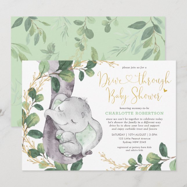 Sweet Greenery Gold Elefant Drive by Baby Dusche Einladung (Vorne/Hinten)
