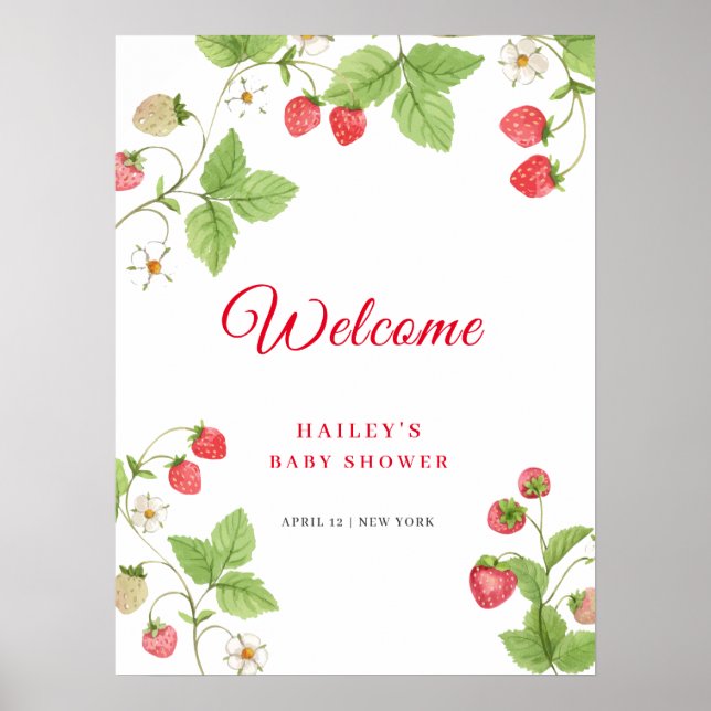 Sweet Greenery Strawberry Baby Dusche Willkommen Poster (Vorne)