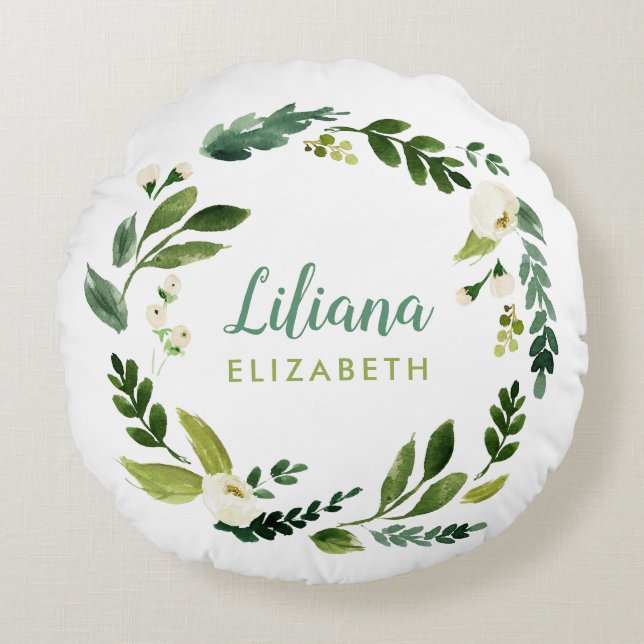 Sweet Greenery Wreath Baby Name Monogram Rundes Kissen (Vorderseite)