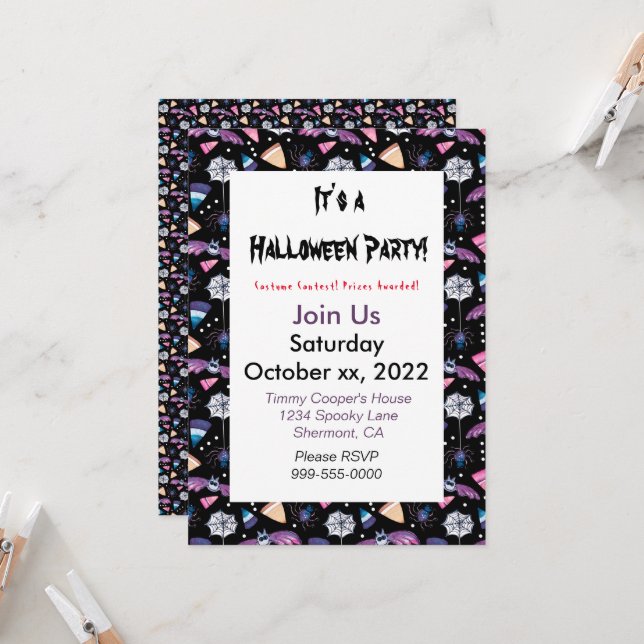 Sweet Halloween auf Schwarz individuelle Einladung (Vorderseite/Rückseite Beispiel)