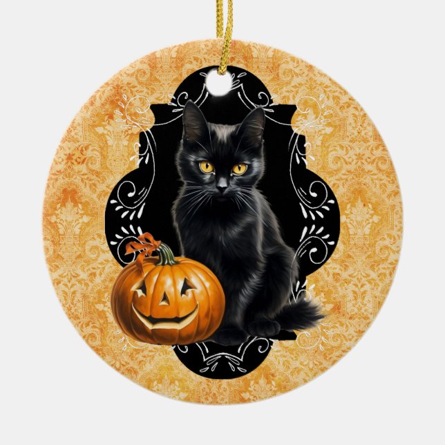 Sweet Halloween Black Cat and Pumpkin Keramik Ornament (Vorne)