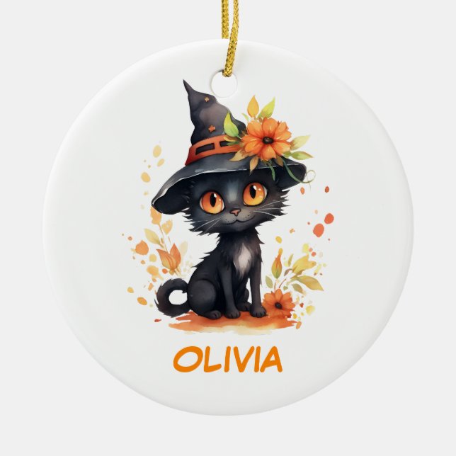 Sweet Halloween Cat Individuelle Name Keramik Ornament (Vorne)