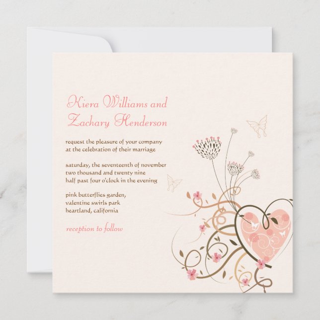 Sweet Heart & Butterfly Wirbel Hochzeit Einladung (Vorderseite)