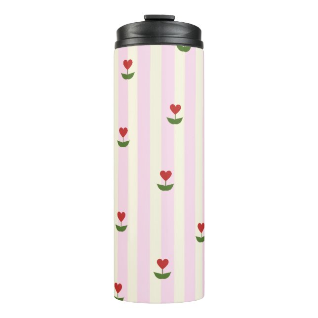 Sweet Heart Flower Pattern – Soft Pink Striped  Thermosbecher (Vorderseite)