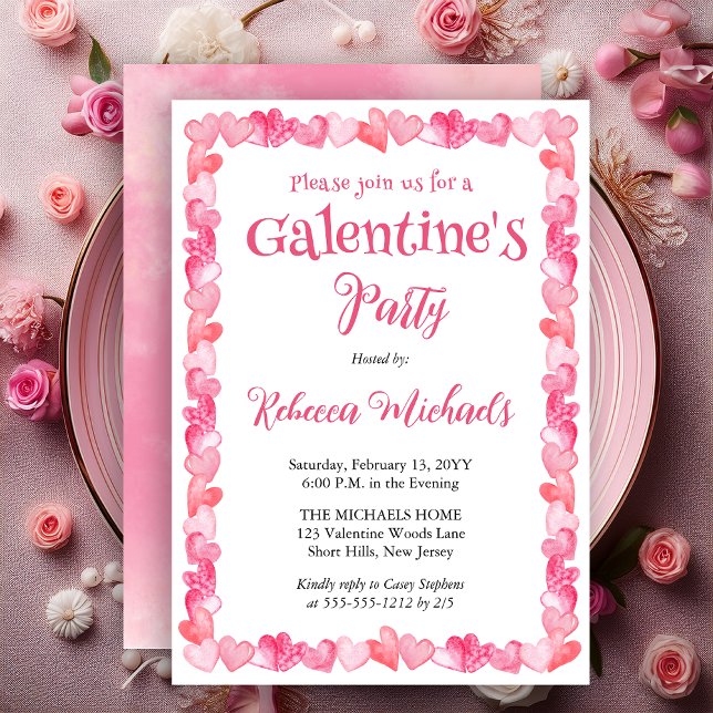 Sweet Hearts Frame Galentine's Day Party Einladung (Sweet Hearts Frame Galentine’s Party Invitation | Pink Watercolor Valentine Invite - Print Digital)