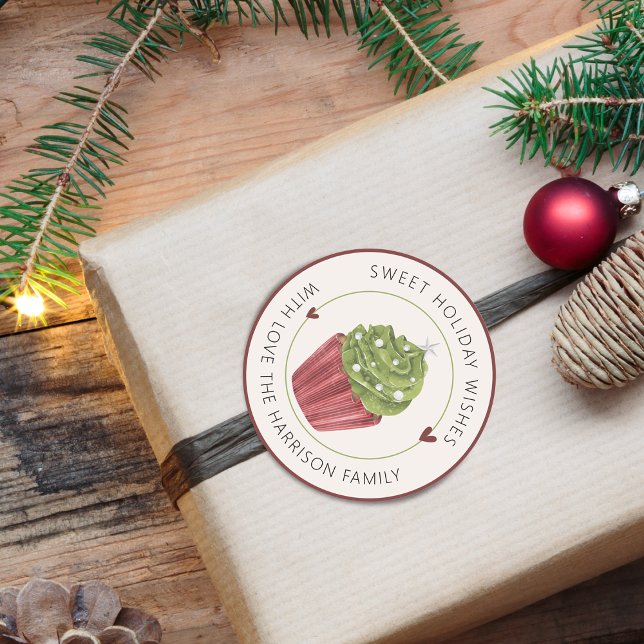 Sweet Holiday wünscht Cupcake Personalisiert Runder Aufkleber (Sweet Holiday Wishes Cupcake Personalized Classic Round Sticker)