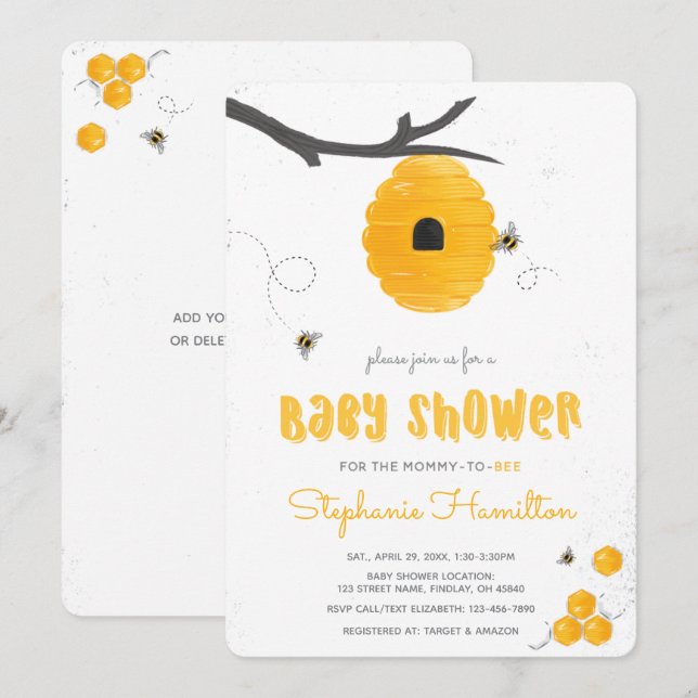 Sweet Honey Bee Gender Neutral Baby Dusche Einladung (Vorne/Hinten)