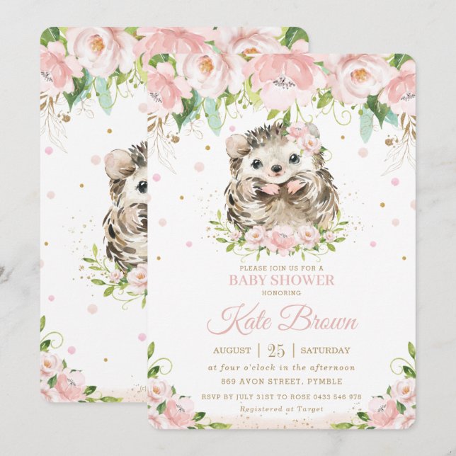 Sweet Igel Blush Pink Blues Bloral Gold Baby Dusch Einladung (Vorne/Hinten)