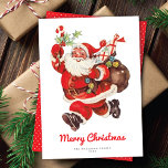 Sweet Jolly Santa Vintag Non-Foto-Ferienkarte<br><div class="desc">Diese süße Ferienkarte ohne Foto zeigt Vintag, wie der Weihnachtsmann mit einem Sack voller Spielzeuge läuft. Der Gruß auf der Vorderseite der Karte sagt "Frohe Weihnachten", aber ist editierbar und kann auf alles geändert werden, was Sie wollen. Es gibt auch Platz für Ihre Namen und das Jahr. Auf der Kartenrückseite...</div>