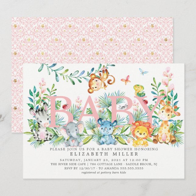 Sweet Jungle Animals Kinderdusche Einladung (Vorne/Hinten)